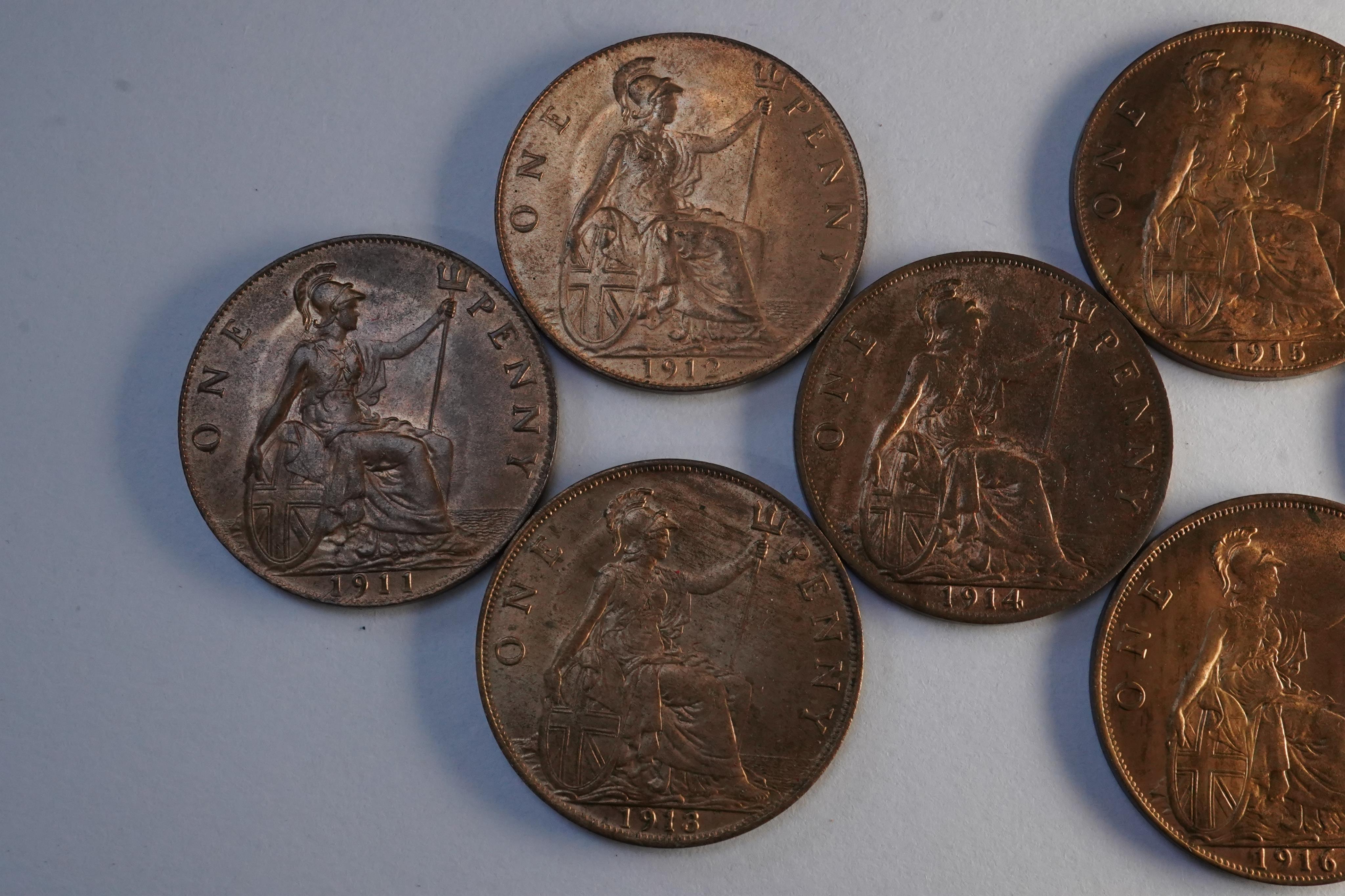 John Hill Collection., British coins, George V, a date set of bronze pennies (1911-1919), excludes Kings Norton and Heaton mint pennies, ranging from EF to UNC, the majority lustrous